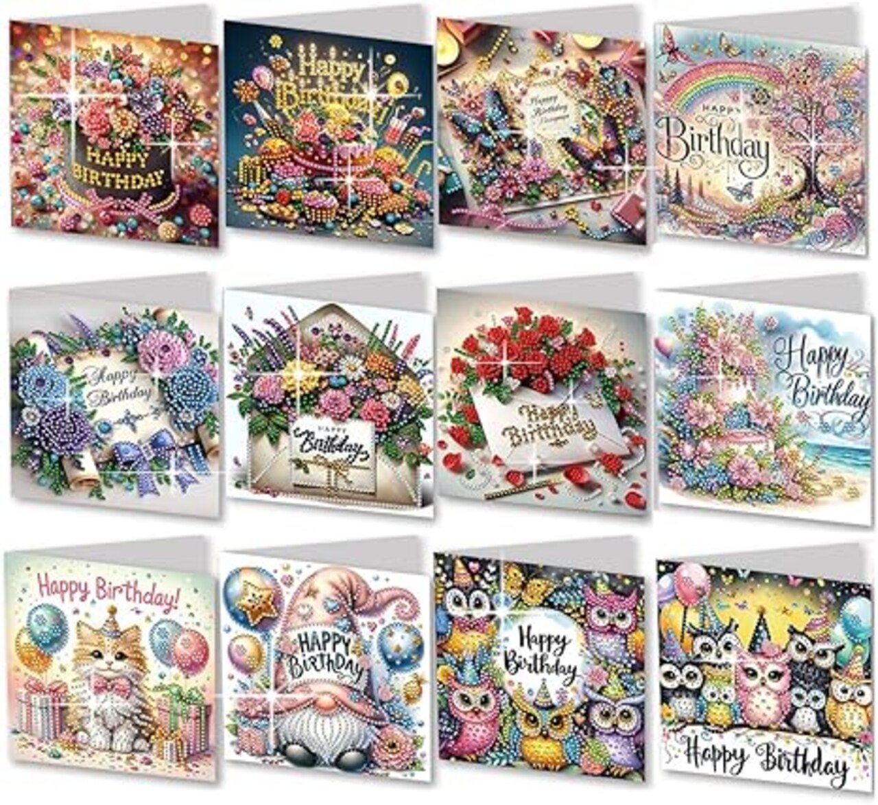 12 Packs Diamond Art Cards Kit, Diamond Painting Greeting Cards with Envelopes, DIY Card Making Kits for Adults, Gifts for Families, Friends, Partners (Birthday)